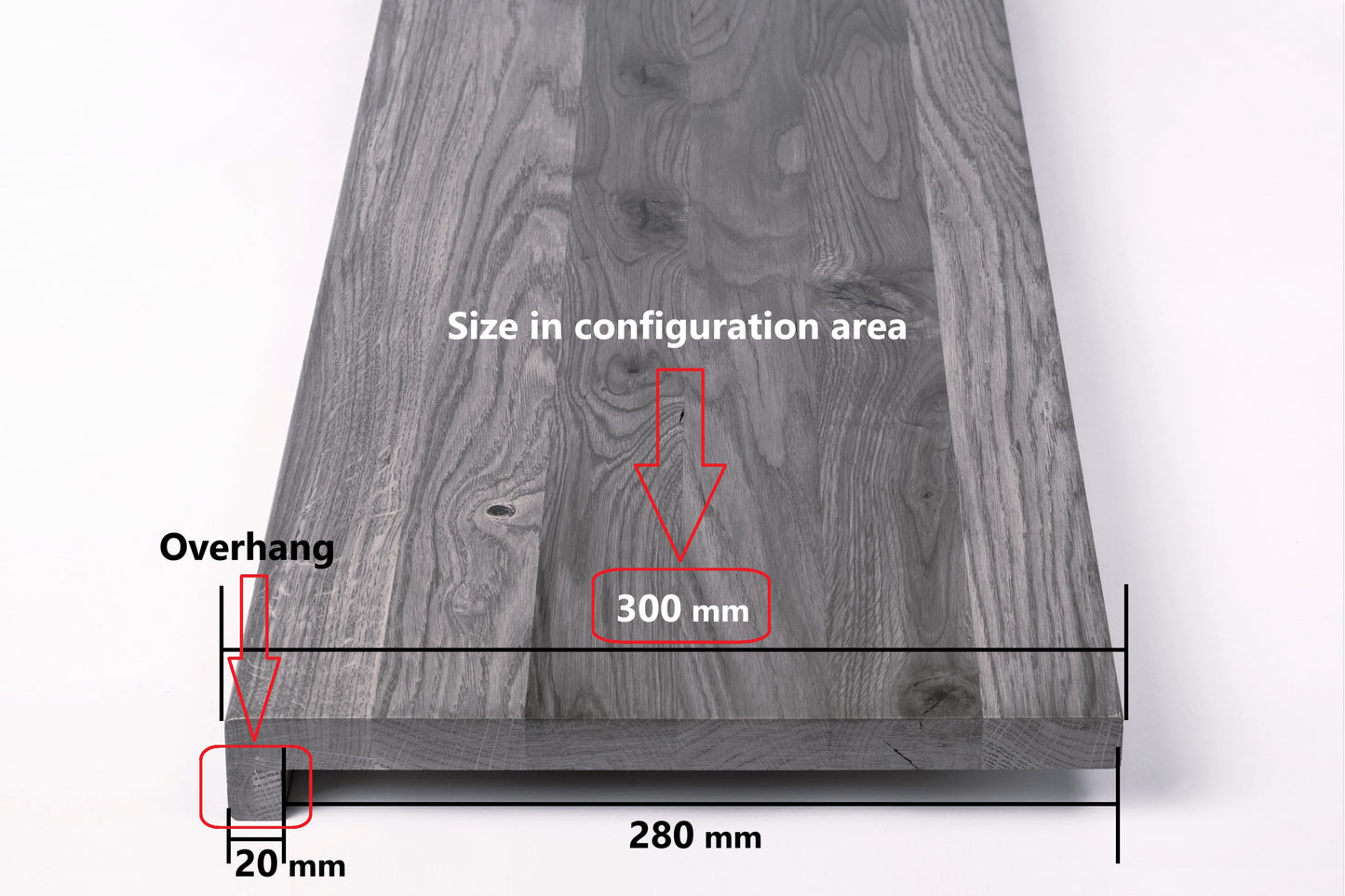 Stair tread Windowsill with overhang Oak Rustic, full stave lamellas, 20 mm, Graphite oil