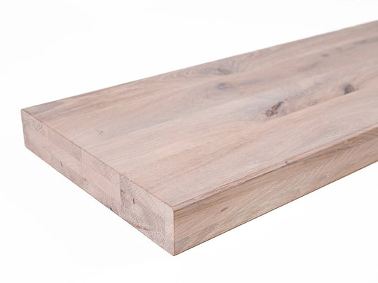 Shelf Stair tread Riser Windowsill Oak Rustic, full stave lamellas, 52 mm, 3-layer, Chalked white oil
