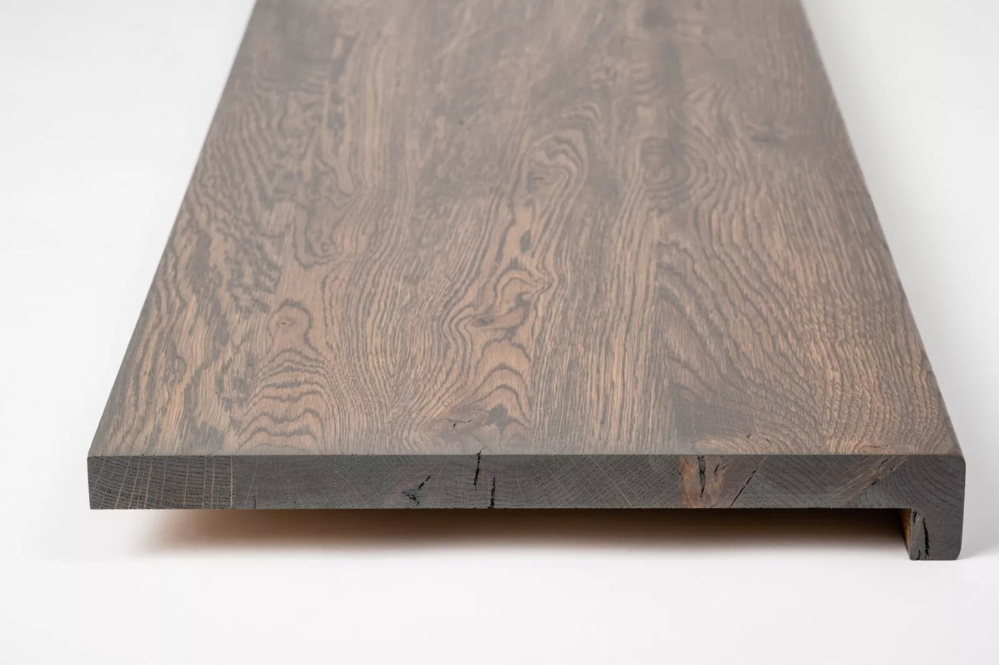 Stair tread Windowsill with overhang Oak Rustic, full stave lamellas, 20 mm, Graphite oil