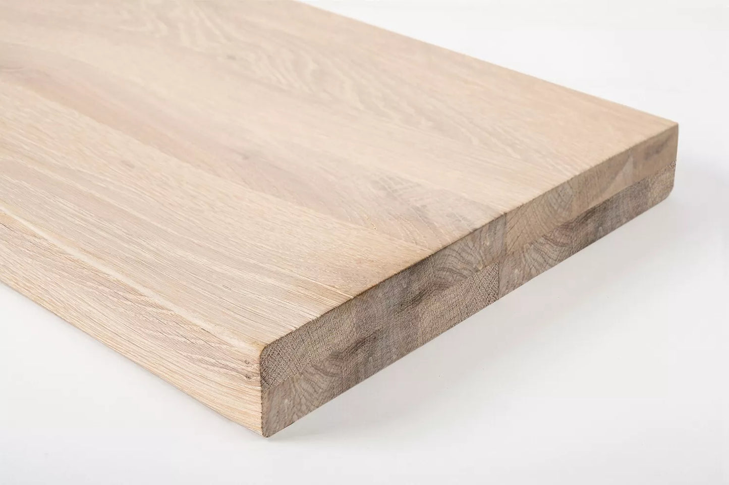 Shelf Stair tread Riser Windowsill Oak Rustic, full stave lamellas, 35 mm, 2-layer, Brushed, Chalked white oil