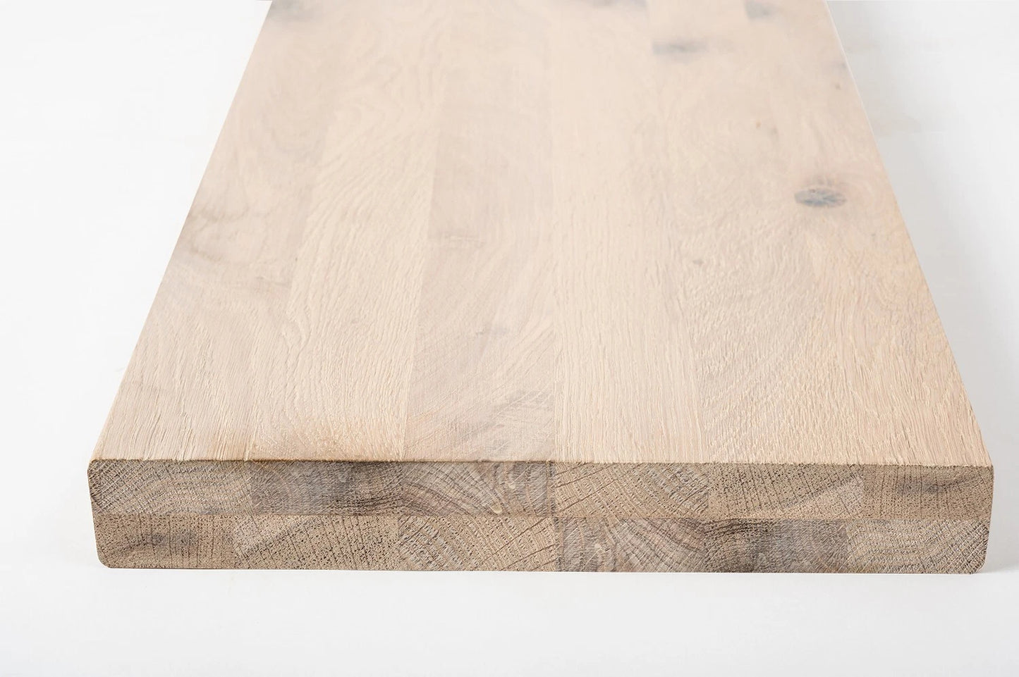Shelf Stair tread Riser Windowsill Oak Rustic, full stave lamellas, 35 mm, 2-layer, Brushed, Chalked white oil