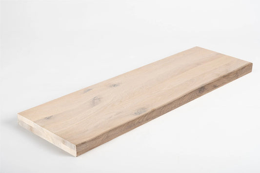 Shelf Stair tread Riser Windowsill Oak Rustic, full stave lamellas, 40 mm, 2-layer, Brushed, Chalked white oil