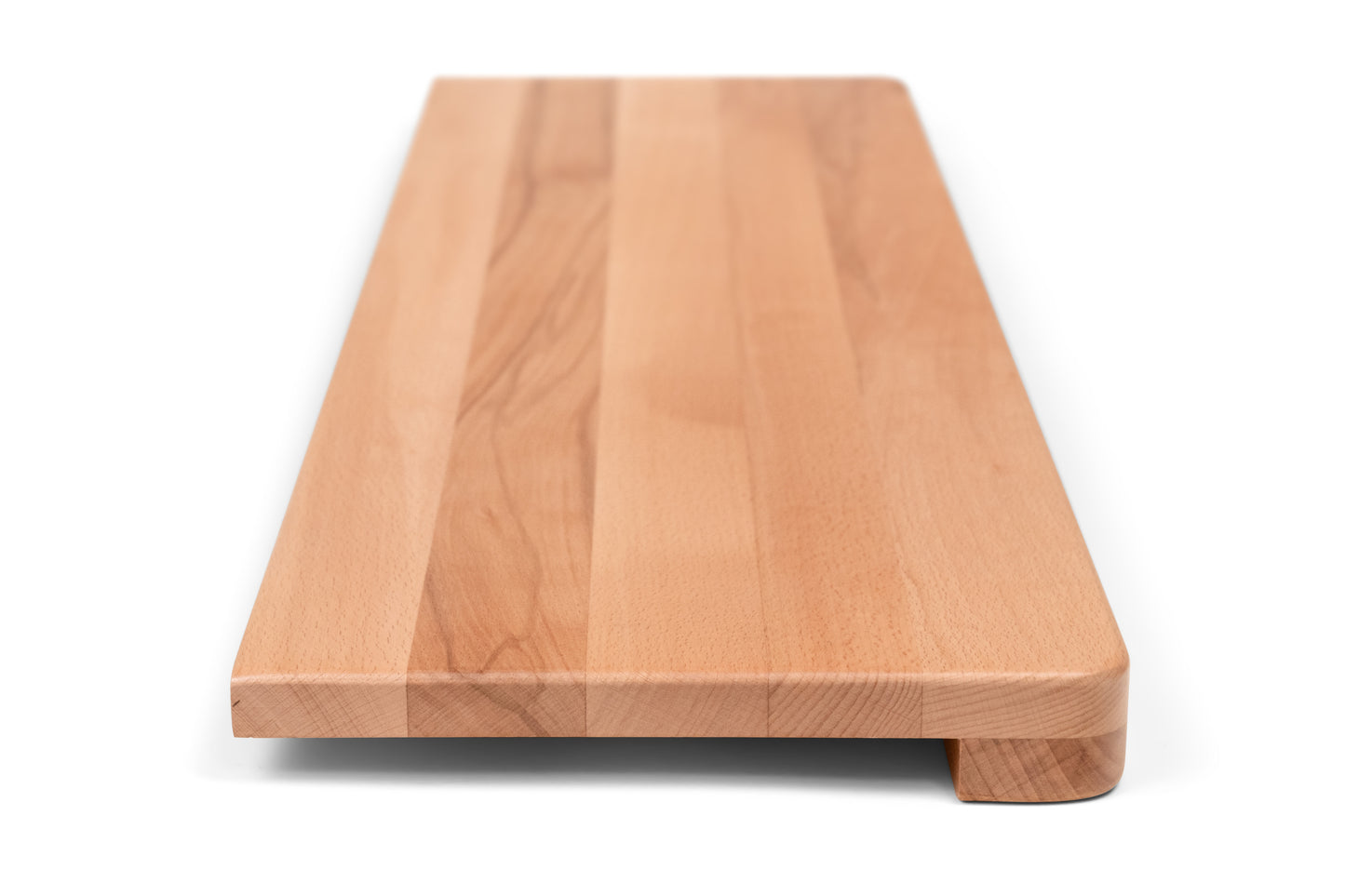 Stair tread Windowsill with wide overhang (5 cm deep) Beech Redheart A/B, full stave lamellas, 20 mm, Matte lacquered, with rounded corners (radius 20 mm)
