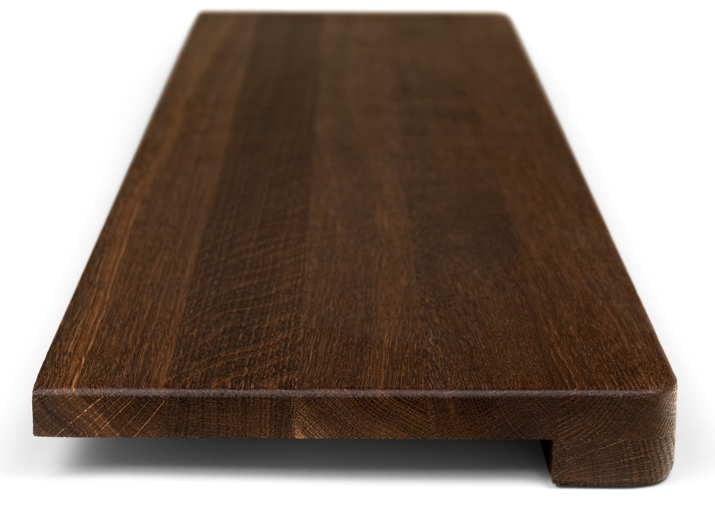 Stair tread Windowsill with wide overhang (5 cm deep) Smoked Oak A/B, full stave lamellas, 20 mm, Natural oil, with rounded corners (radius 20 mm)