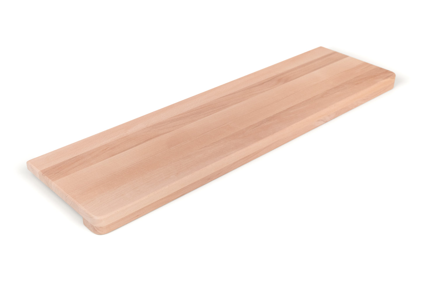 Stair tread Windowsill with wide overhang (5 cm deep) Beech Redheart A/B, full stave lamellas, 20 mm, Unfinished, with rounded corners (radius 20 mm)
