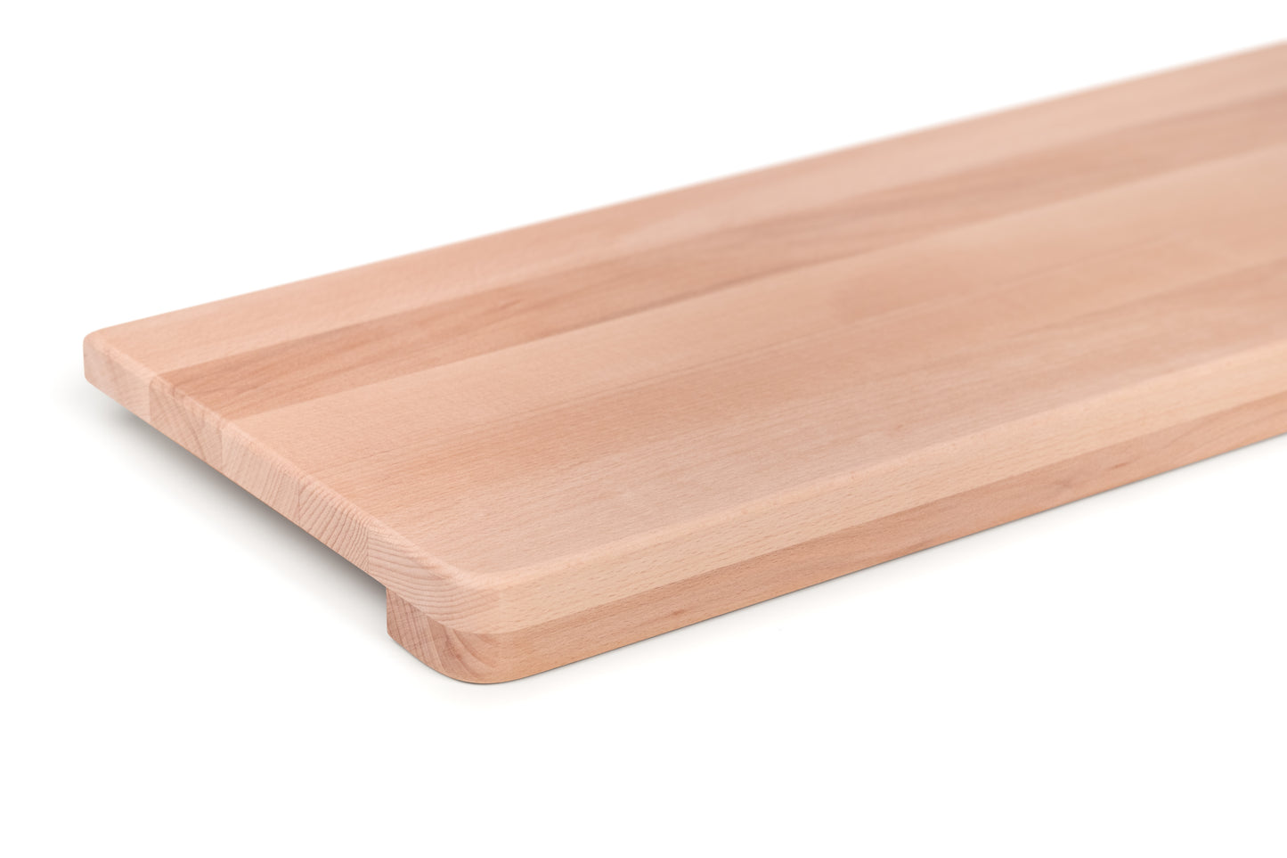 Stair tread Windowsill with wide overhang (5 cm deep) Beech Redheart A/B, full stave lamellas, 20 mm, Unfinished, with rounded corners (radius 20 mm)