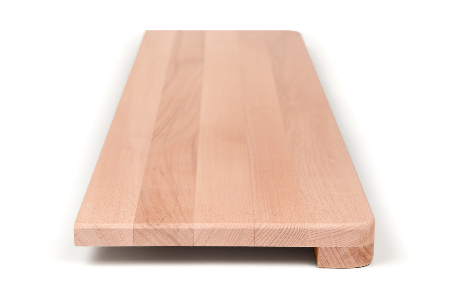 Stair tread Windowsill with wide overhang (5 cm deep) Beech Redheart A/B, full stave lamellas, 20 mm, Unfinished, with rounded corners (radius 20 mm)