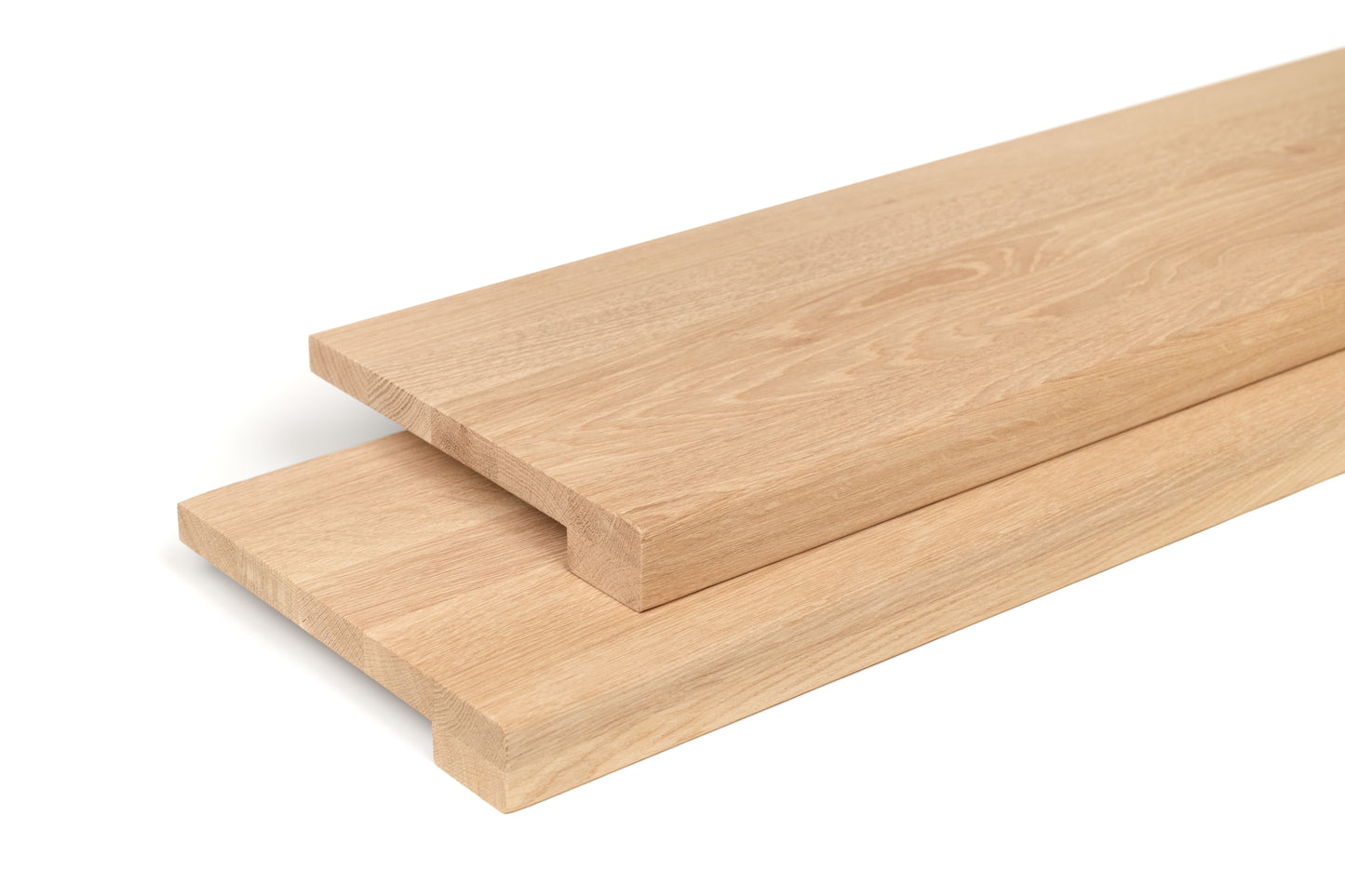 Stair tread Windowsill with wide overhang (5 cm deep) Oak A/B, full stave lamellas, 20 mm, Unfinished, with square corners