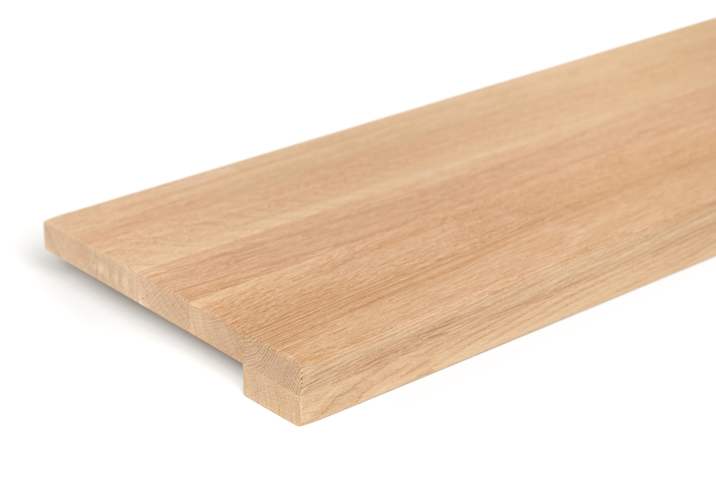 Stair tread Windowsill with wide overhang (5 cm deep) Oak A/B, full stave lamellas, 20 mm, Unfinished, with square corners
