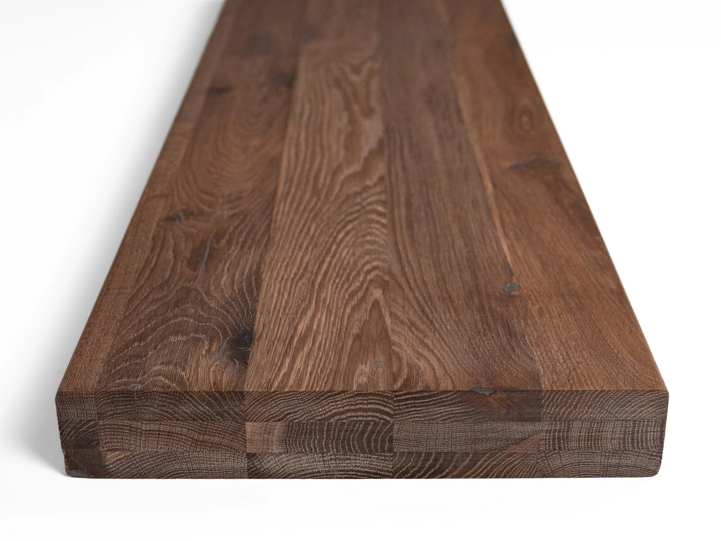 Shelf Stair tread Riser Windowsill Smoked Oak Rustic, full stave lamellas, 52 mm, 3-layer, Hard wax oil Natural white